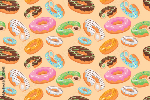 Seamless pattern with colorful donuts. Colored doughnuts assorted, american sweet food. Design for fabric print, bakery sticker cartoon vector dessert texture. Vector illustration.