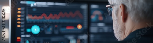 A focused analyst reviewing data on multiple screens, highlighting trends and analytics in a modern workspace environment.