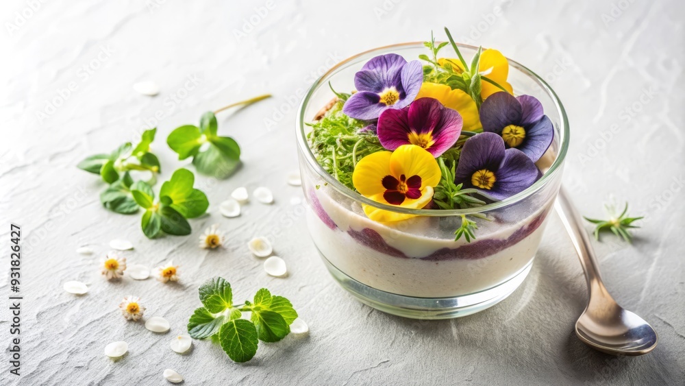 Vegan Pudding Mix with Edible Flowers and Microgreens in Modern Glass Cup with Clean White Background and Bright Overhead Light and Minimalist Style Vegan Pudding Mix with Edible Flowers and Microgreens in Modern Glass Cup with Clean White Background and Bright Overhead Light and Minimalist Style