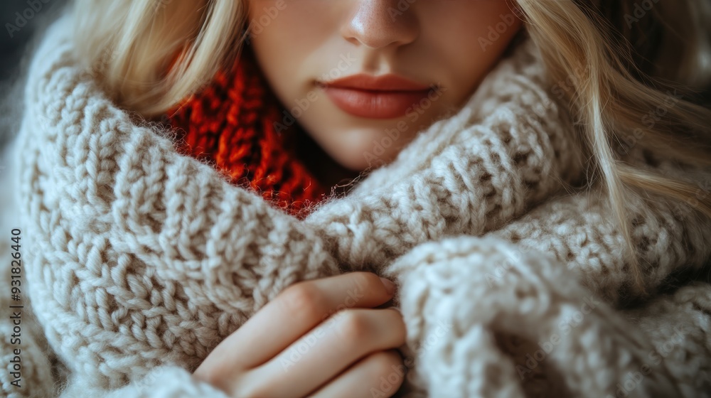 A close-up of a young woman's hand holding a knitted sweater, the fabric folded and ready for the chilly winter days ahead A close-up of a young woman's hand holding a knitted sweater, the fabric folded and ready for the chilly winter days ahead