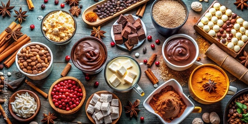 Warm, inviting, overhead shot of a beautifully styled vegan hot chocolate mix bar, featuring assorted toppings, like coconut whipped cream and chocolate chips, bright, playful colors.