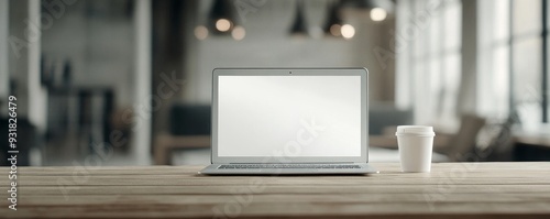 Wallpaper Mural Modern laptop on a wooden table, complemented by a coffee cup. Ideal for workspace, productivity, and technology themes. Torontodigital.ca