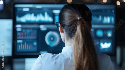 A focused professional analyzing data on a computer screen in a modern workspace, showcasing advanced technology and analytics.