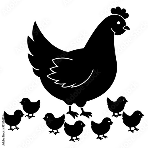 A Hen surrounded by her fluffy chicks pecking vector illustration