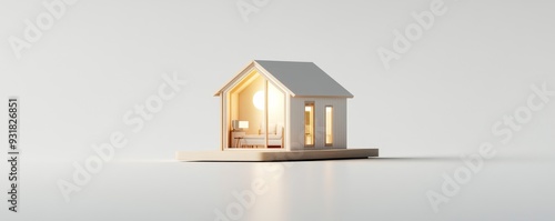 A minimalist wooden house model with warm light illuminating its interior, symbolizing comfort and modern design. photo