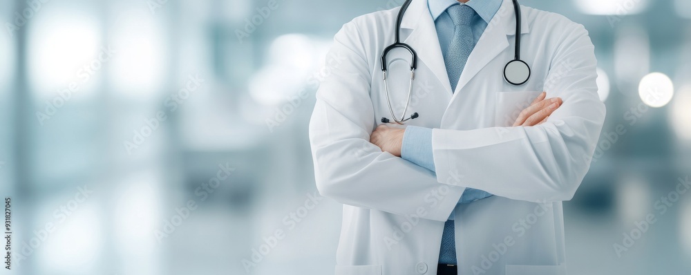 A professional doctor in a white coat, standing confidently with arms crossed in a modern medical environment. A professional doctor in a white coat, standing confidently with arms crossed in a modern medical environment.