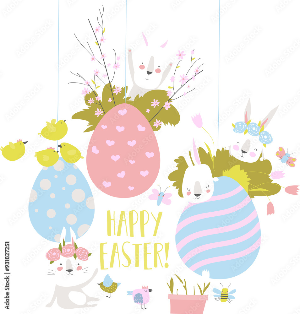 Cute cartoon bunny with Easter eggs and flowers Cute cartoon bunny with Easter eggs and flowers