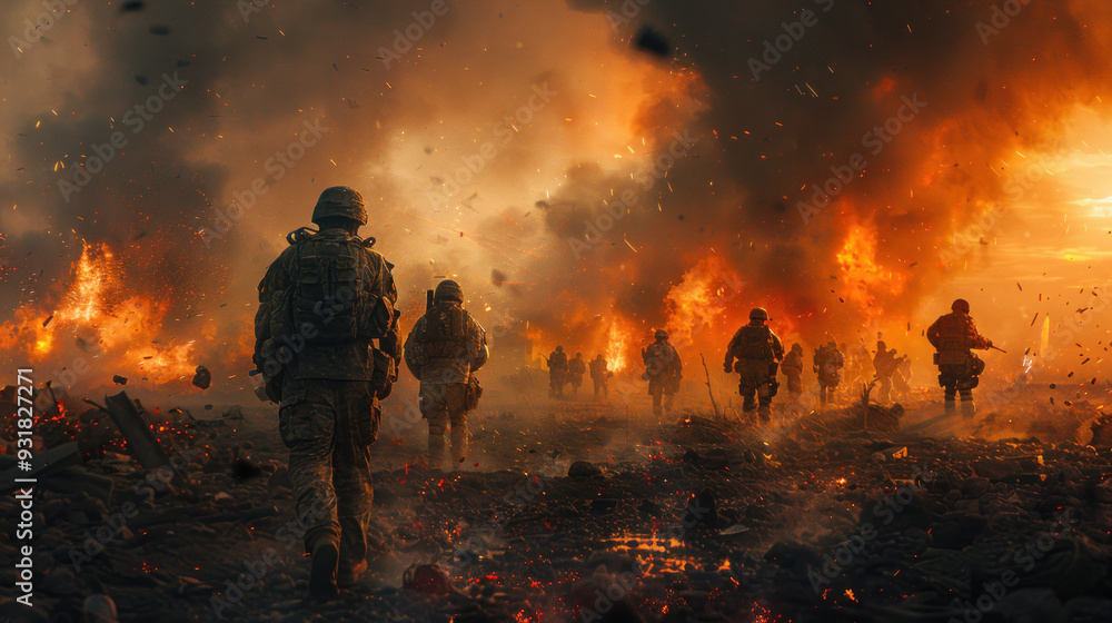 Soldiers advance through chaotic warzone at dusk Soldiers advance through chaotic warzone at dusk