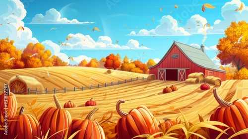 Farmer harvesting crops with a barn and fields of corn, pumpkins, and haystacks cartoon Vector Illustration