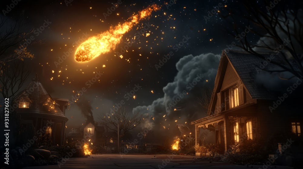 A meteorite falls from space and destroys the world. A large ball of fire caused damage to the city. A meteorite falls from space and destroys the world. A large ball of fire caused damage to the city.