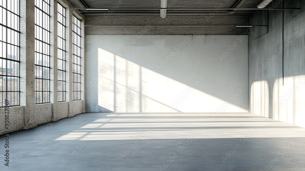 Obraz premium Bright and Airy Minimalist Loft Interior with Concrete Walls and Large Windows