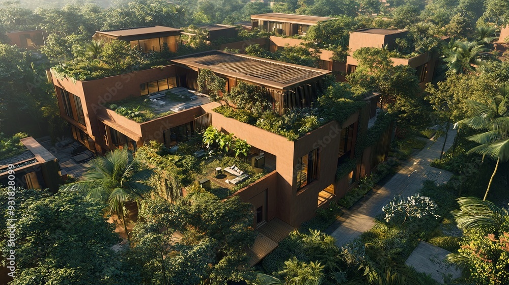 Fototapeta premium Architectural visualization of a cutting-edge green hotel with lush rooftops and advanced insulation; high detail and professional lighting with dynamic shadows