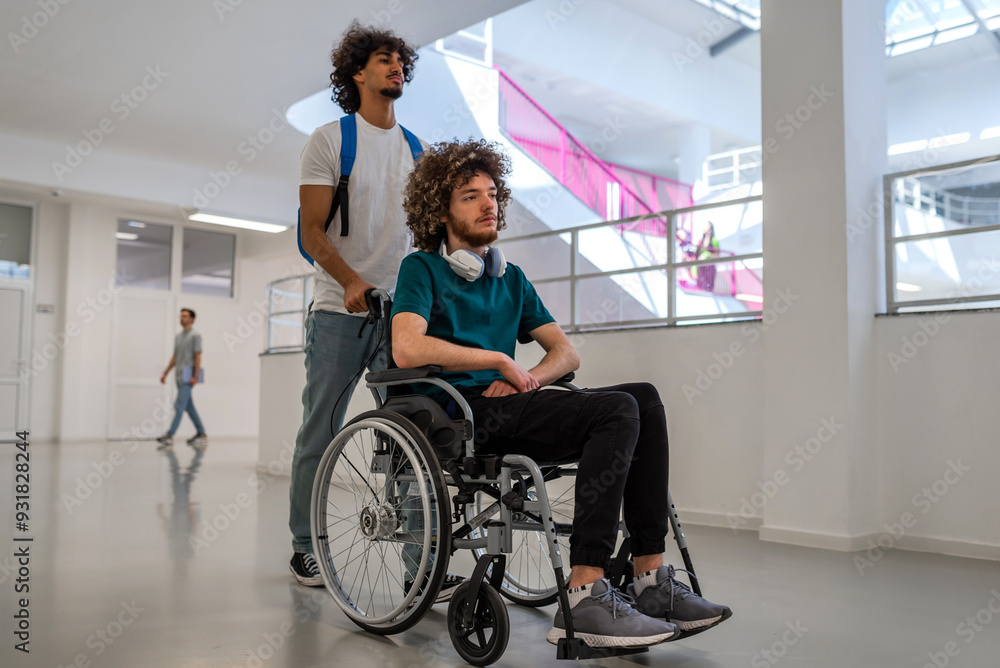 A group of happy diverse college students walking in the university hallway, a classmate pushing a friend in a wheelchair as they walk down the school corridor together. A group of happy diverse college students walking in the university hallway, a classmate pushing a friend in a wheelchair as they walk down the school corridor together.