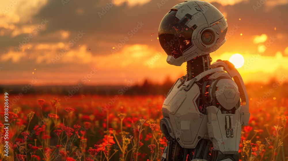 Robot in vibrant crop field at sunset Robot in vibrant crop field at sunset