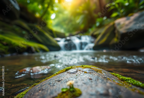 Close-Up of a Stone in a Flowing Creek with Green Jungle and Bokeh Background