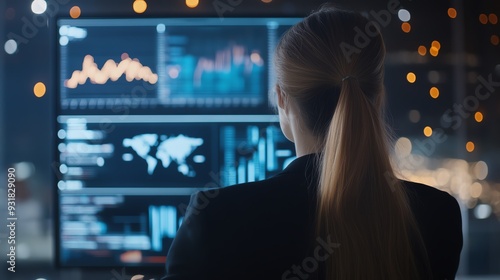 Businesswoman analyzing data on a large screen in a modern office, focusing on graphs and statistics with a city view.