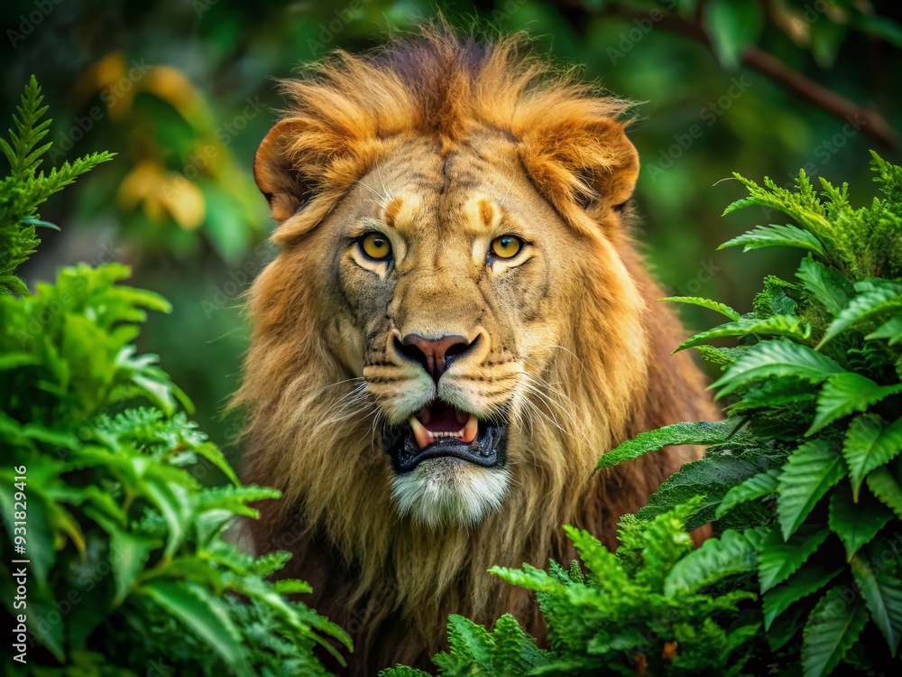 Fototapeta premium Feline Predator: Lion's growl, hunting instinct, crouched posture, vibrant green foliage