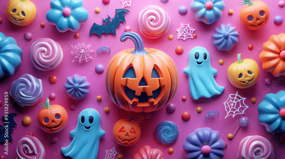 Funky Halloween background with neon pumpkin fun Funky Halloween background with neon pumpkin fun