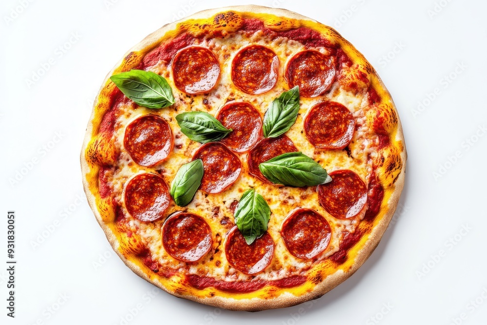 Tasty pepperoni pie garnished with vibrant basil on a light backdrop, viewed from above Tasty pepperoni pie garnished with vibrant basil on a light backdrop, viewed from above