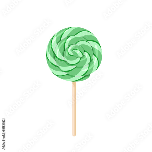 Green mint lollipop swirl on wooden stick isolated on white background. Vector cartoon flat illustration of sweet round candy.