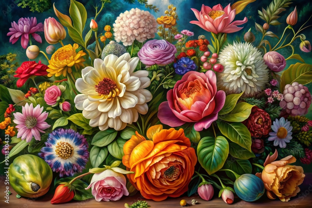 Fototapeta premium Floral Odyssey: Studio painting celebrating the beauty of flowers, with botanical illustrations, vibrant colors, and a focus on intricate details and realism.