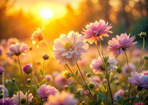 Floral Sunset Serenity: Pastel, soft, tranquil, blooming flowers, golden hour, warm