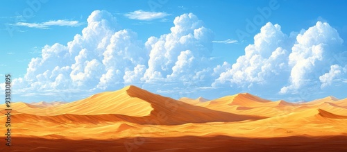 Majestic Desert Landscape with Rolling Sand Dunes and Fluffy White Clouds Under a Clear Blue Sky