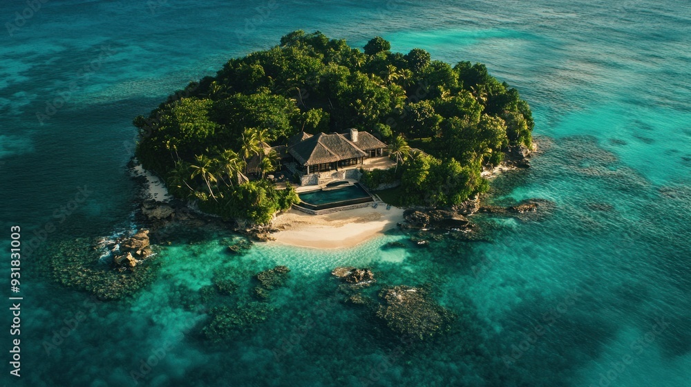 Fototapeta premium Aerial View of a Tropical Island with a Luxurious Villa and Pool