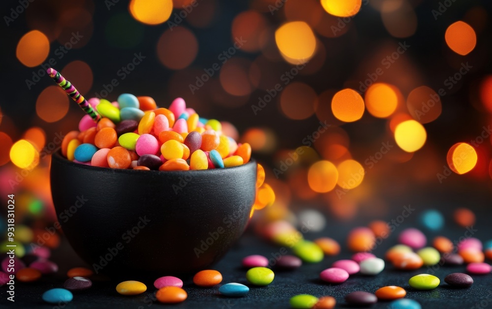 A vibrant bowl filled with colorful candies, surrounded by sparkly bokeh lights, perfect for sweet celebration themes. A vibrant bowl filled with colorful candies, surrounded by sparkly bokeh lights, perfect for sweet celebration themes.