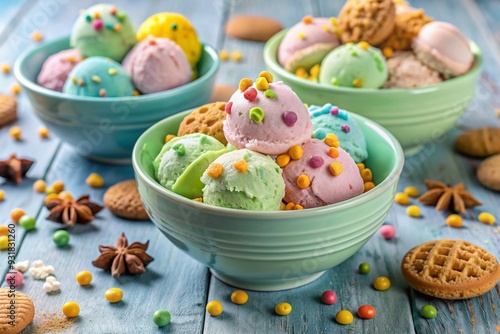 Frozen Delight for Pets: Ice cream in pastel colors with pet food mix-ins, playful and cartoonish photo