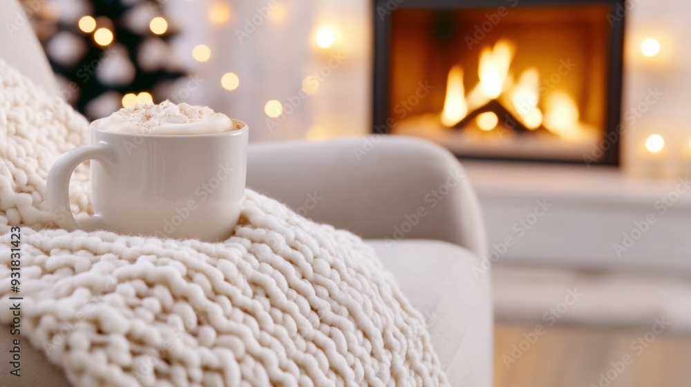 A cup of hot chocolate sitting on a white chair in front of the fireplace, AI A cup of hot chocolate sitting on a white chair in front of the fireplace, AI
