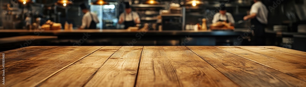 Rustic Wooden Table in a Modern Restaurant Kitchen with Chefs Working in the Background Rustic Wooden Table in a Modern Restaurant Kitchen with Chefs Working in the Background