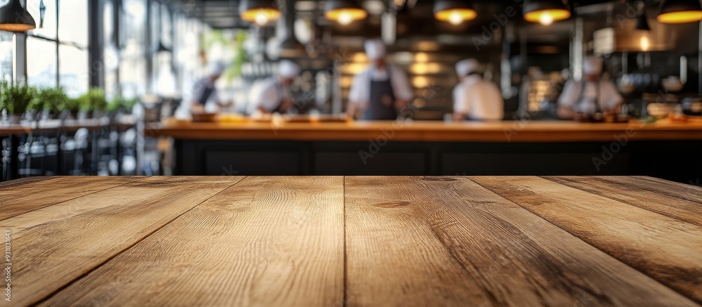 Rustic Wooden Table in Modern Restaurant Kitchen with Chefs Working in the Background Rustic Wooden Table in Modern Restaurant Kitchen with Chefs Working in the Background