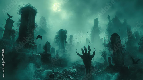 Eerie graveyard with skeletal hands and ravens photo