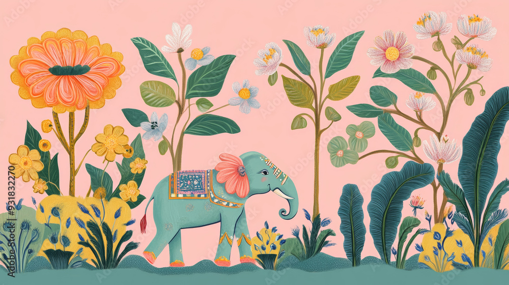 custom made wallpaper toronto digitalA Pichwai Floral Painting with Traditional Elephants, Digital painting, Flat Illustration