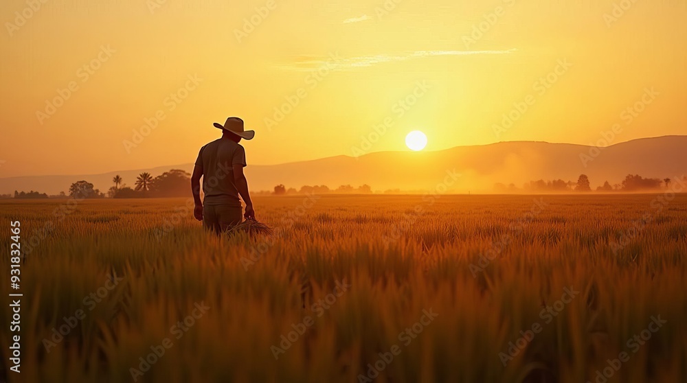 Serene Wheat Field Landscape: Farmer Silhouette at Golden Hour Sunset Serene Wheat Field Landscape: Farmer Silhouette at Golden Hour Sunset