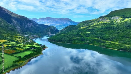 Calm beautiful mountain lake in Spanish Pyrenees, Salient de Gallego in Pyrenees, Spain, hiking in the Pyrenees, travel in Spain, tranquil nature aerial view