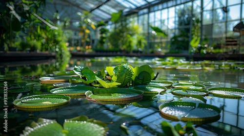 SAINT PETERSBURG RUSSIA  August 23 2022 Large greenhouse with aquatic plants in the Botanical Garden of St Petersburg Tropical plants grow in a water pool under a glass roof : Generative AI photo