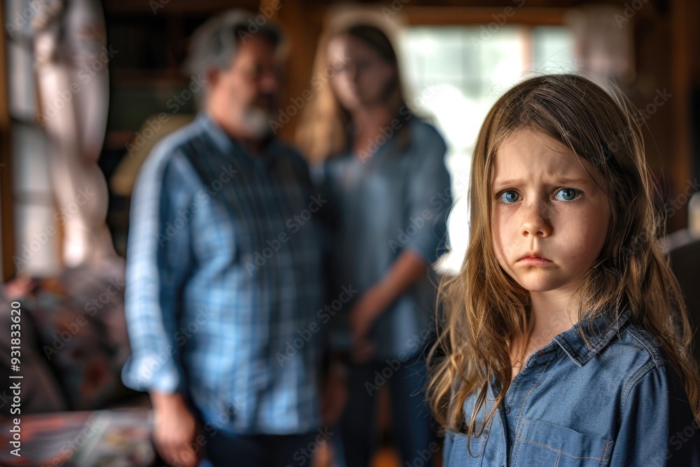 Scared child girl appears confused as her parents yell at each other in the background. This image portrays the emotional trauma and distress caused by family arguments. Scared child girl appears confused as her parents yell at each other in the background. This image portrays the emotional trauma and distress caused by family arguments.