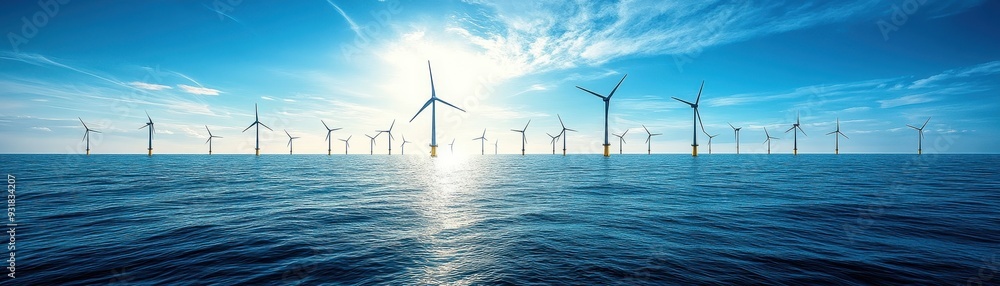 Panoramic View of Offshore Wind Farm with Turbines Against a Bright Blue Sky and Sunlight Over the Ocean Panoramic View of Offshore Wind Farm with Turbines Against a Bright Blue Sky and Sunlight Over the Ocean