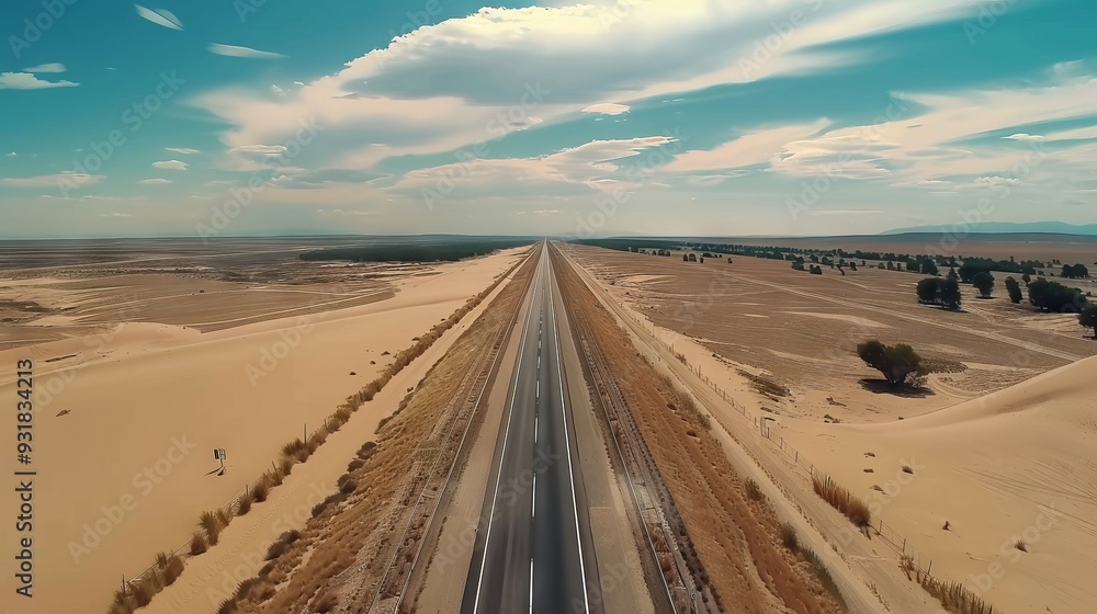 Naklejka premium top view of the road in the middle of the desert
