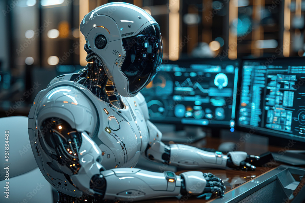 Fototapeta premium Humanoid AI robot assists with office tasks