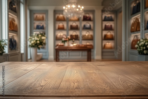 Empty wooden table with blurred Luxury handbag shop background