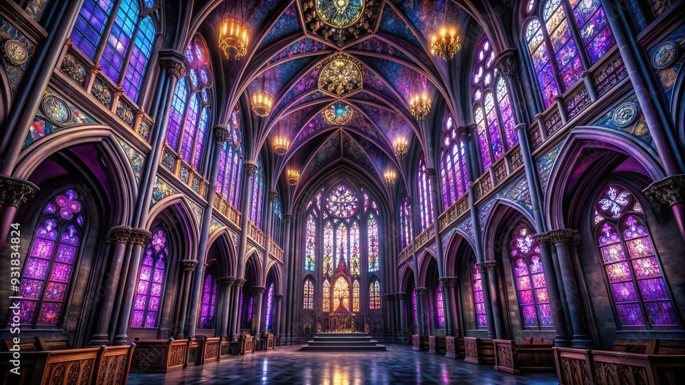 Naklejka premium Gothic Elegance with Dark Ambience: Stained glass windows, intricate tracery, deep purples, and hauntingly detailed architecture
