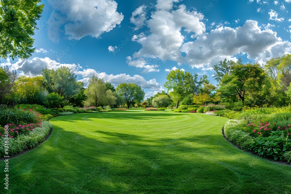 Fototapeta premium Lush Green Garden Under a Bright Blue Sky