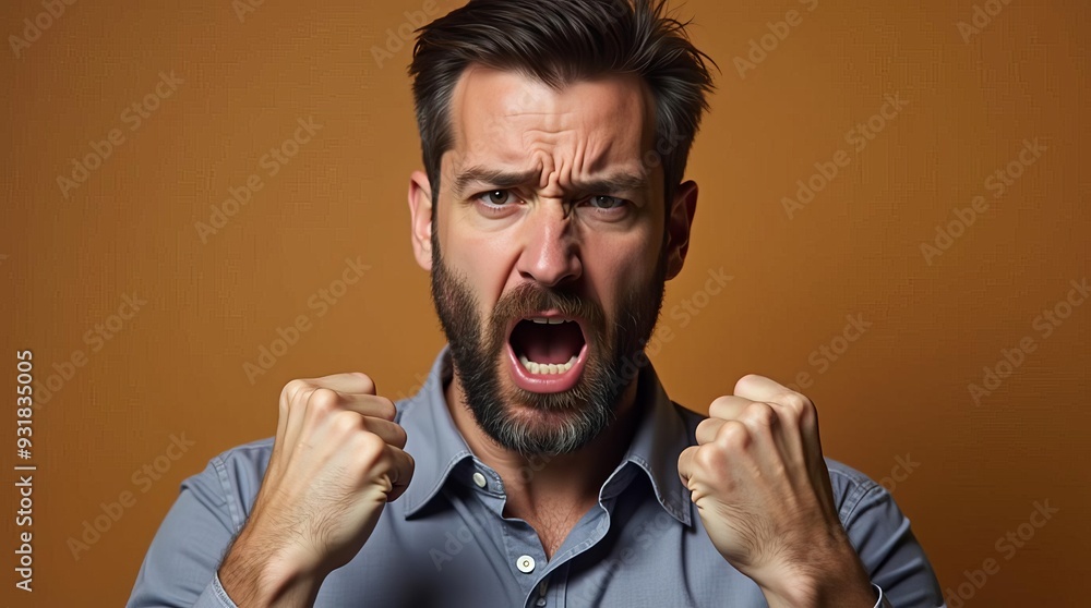 Enraged Man Portrait: Furious Bearded Guy Shouting with Clenched Fists on Brown Background Enraged Man Portrait: Furious Bearded Guy Shouting with Clenched Fists on Brown Background