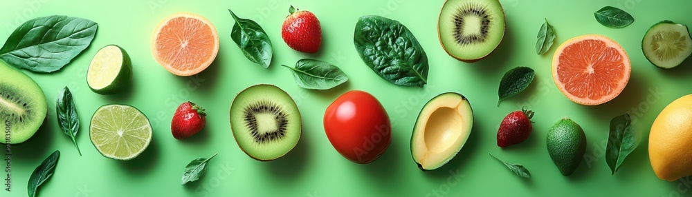 Fresh and Vibrant Assortment of Fruits and Vegetables on Green Background Fresh and Vibrant Assortment of Fruits and Vegetables on Green Background