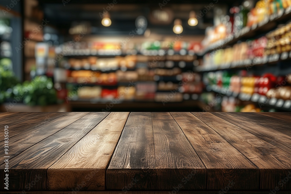 Empty wooden table with blurred Supermarket background Empty wooden table with blurred Supermarket background