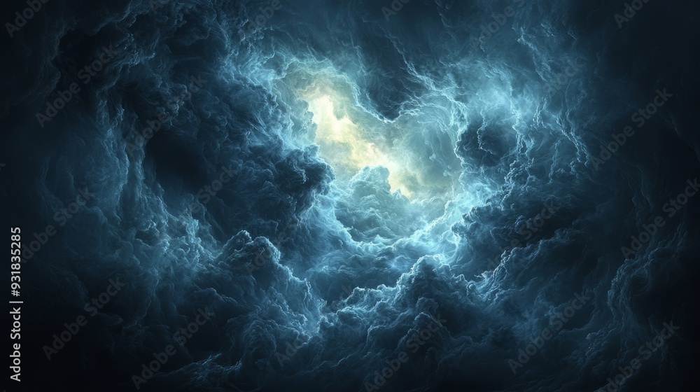 Dark swirling clouds with bright light at the center Dark swirling clouds with bright light at the center