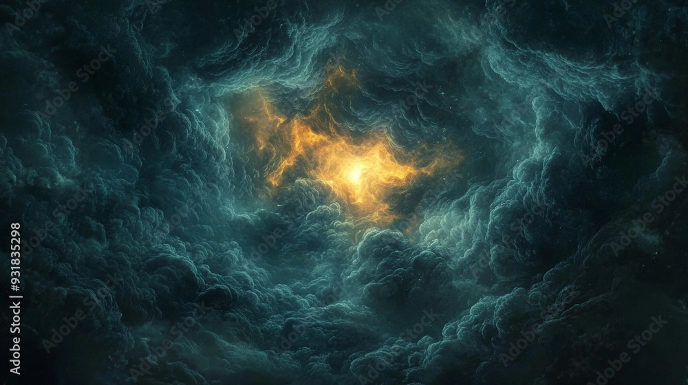 Fototapeta premium Swirling dark clouds illuminated by golden light
